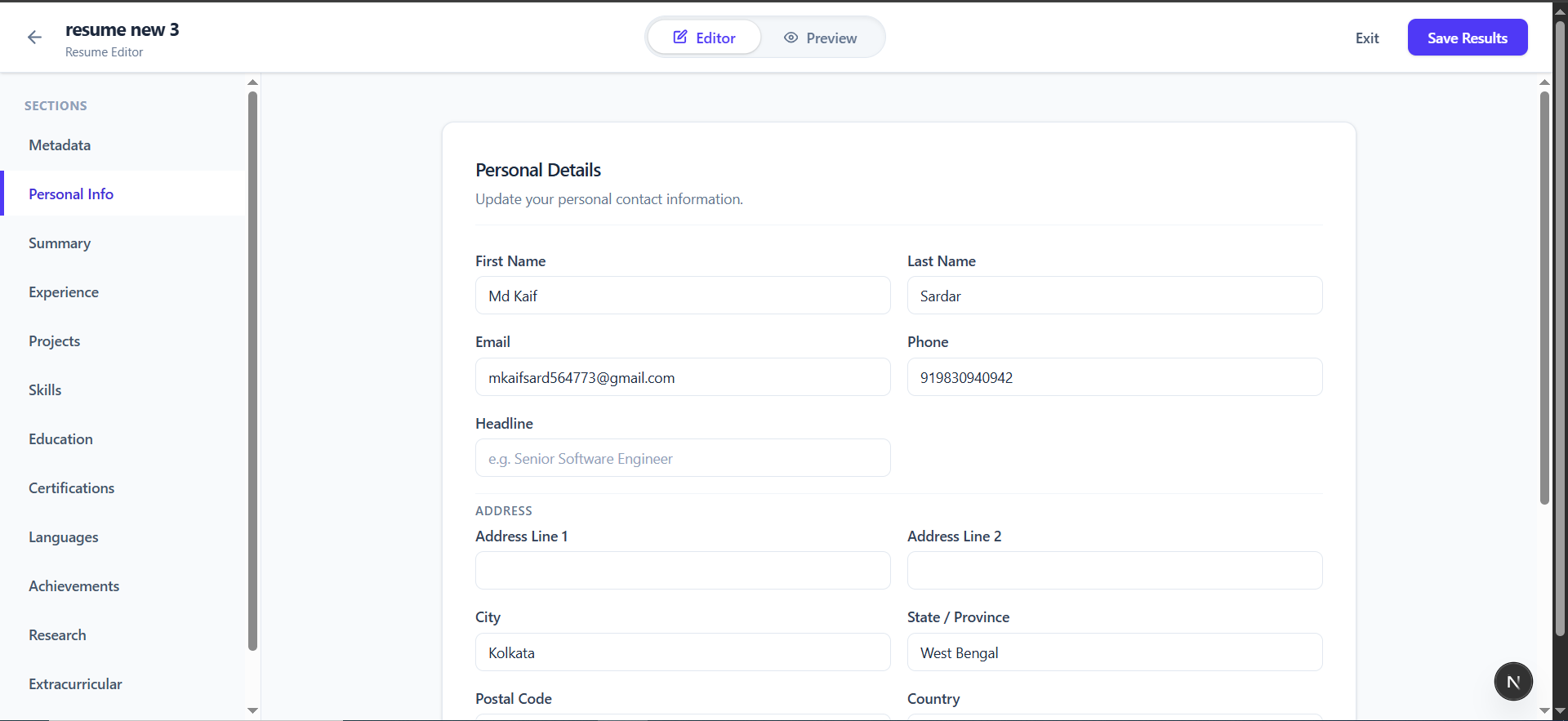 Generated resume editor
